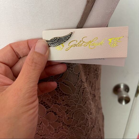 Gold Hawk Slip Dress Silk Taupe Spaghetti Straps Lace Ruffle Hem Pockets S NEW - Picture 8 of 8